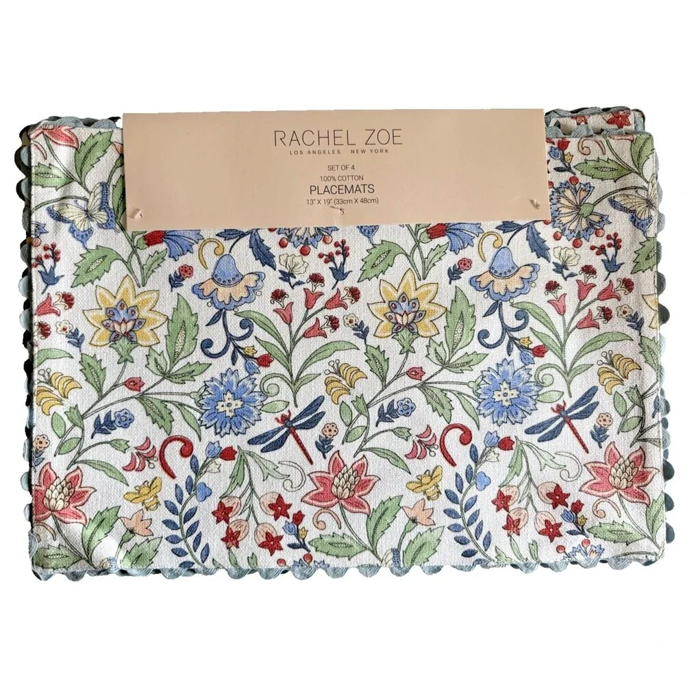 Rachel Zoe Placemats Reversible Spring Flowers Dragonflies Butterflies Set of 4